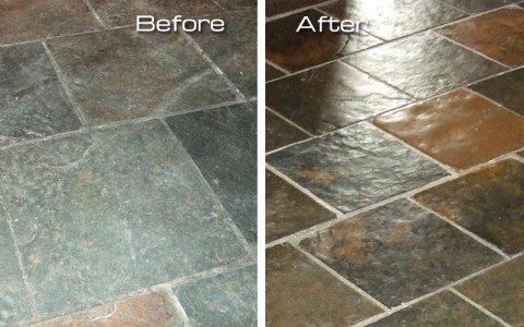 Pub, slate floor completed - scrubbed clean, dried and 6 coats of sealer by hand