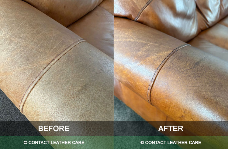 A sun damaged Aniline leather sofa rejuvenated with a colour refresh